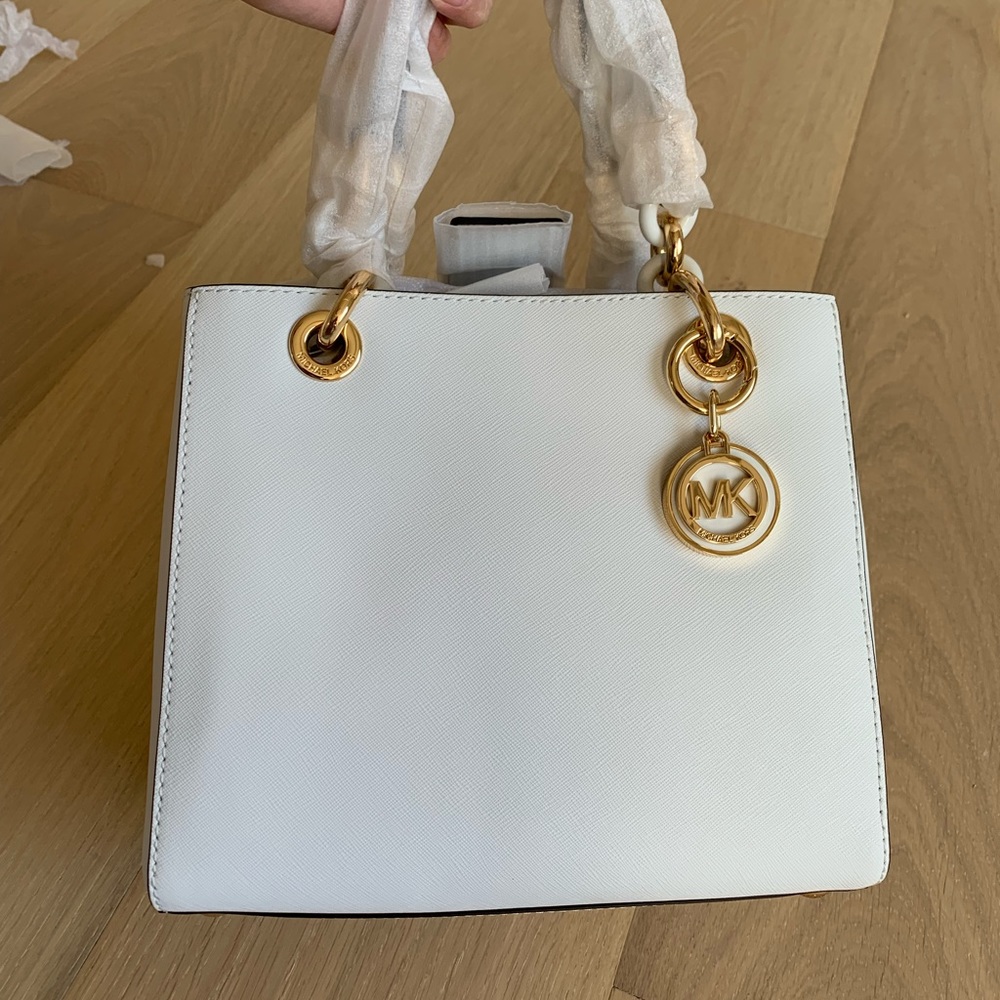 MICHAEL Michael Kors Cynthia Saffiano Leather Satchel (Optic White) NWT